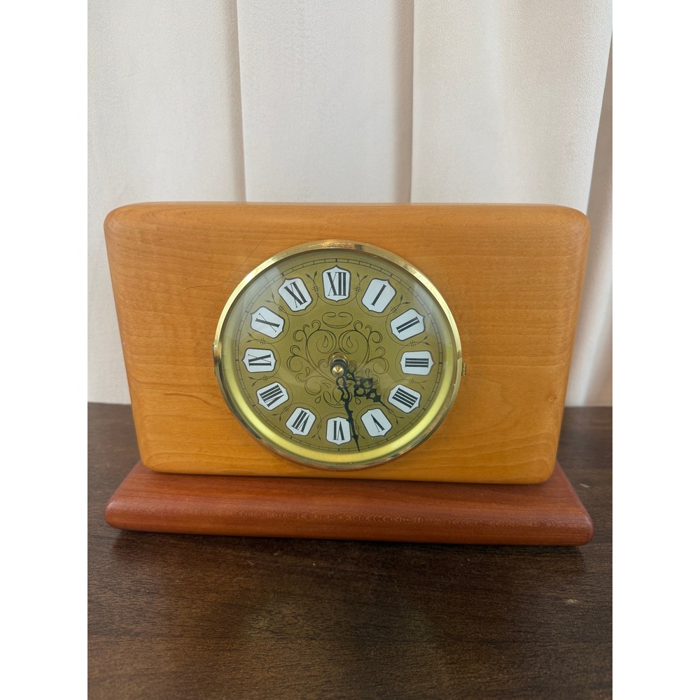 Hand Carved‎ Solid Wood Mid Century Modern Style Mantle Clock 9" x 9" Polished